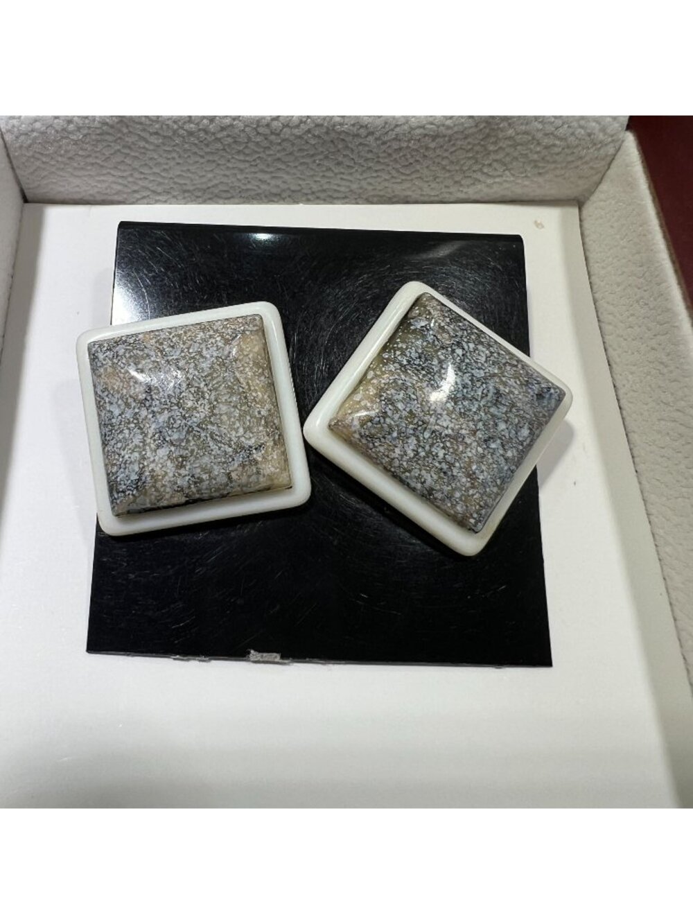 Vintage Square Stone Clip-On Earrings With White Trim